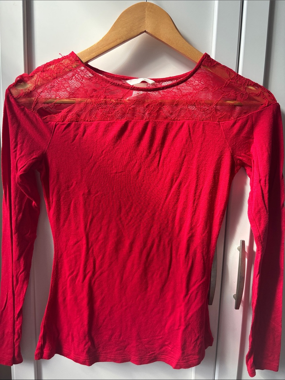 H&M Red Long Sleeve Lace Yoke Top